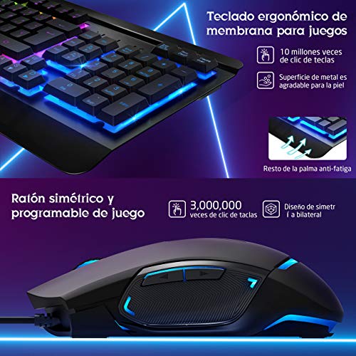 VicTsing Teclado Gaming LED, Teclado y Ratón para Juegos con Cable, Rainbow Retroiluminación con 12 Teclas Multimedia y 19 Teclas Anti-ghosting, Raton Gaming Programable 6 Botón dpi 3200 Ajustable