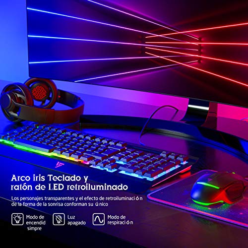 VicTsing Teclado Gaming LED, Teclado y Ratón para Juegos con Cable, Rainbow Retroiluminación con 12 Teclas Multimedia y 19 Teclas Anti-ghosting, Raton Gaming Programable 6 Botón dpi 3200 Ajustable