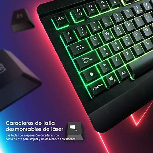 VicTsing Teclado Gaming LED, Teclado y Ratón para Juegos con Cable, Rainbow Retroiluminación con 12 Teclas Multimedia y 19 Teclas Anti-ghosting, Raton Gaming Programable 6 Botón dpi 3200 Ajustable