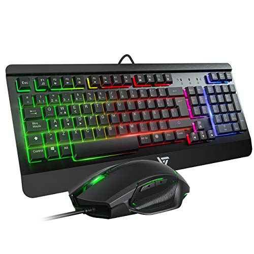 VicTsing Teclado Gaming LED, Teclado y Ratón para Juegos con Cable, Rainbow Retroiluminación con 12 Teclas Multimedia y 19 Teclas Anti-ghosting, Raton Gaming Programable 6 Botón dpi 3200 Ajustable