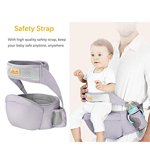 Viedouce Portabebé Ergonómico Asiento de Cadera,con Protección del Cinturón la Seguridad,Algodón Puro Ligero,Taburete de Cintura de Posición Múltiple por Bebé Niños 6-36 Meses(Gris)