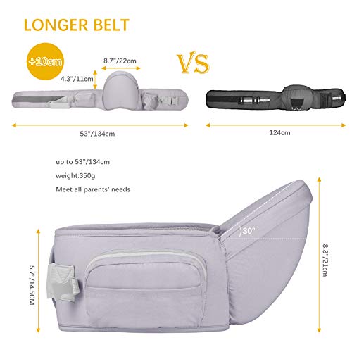 Viedouce Portabebé Ergonómico Asiento de Cadera,con Protección del Cinturón la Seguridad,Algodón Puro Ligero,Taburete de Cintura de Posición Múltiple por Bebé Niños 6-36 Meses(Gris)