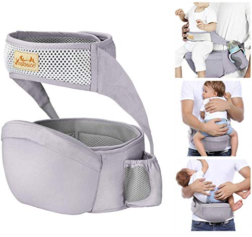 Viedouce Portabebé Ergonómico Asiento de Cadera,con Protección del Cinturón la Seguridad,Algodón Puro Ligero,Taburete de Cintura de Posición Múltiple por Bebé Niños 6-36 Meses(Gris)