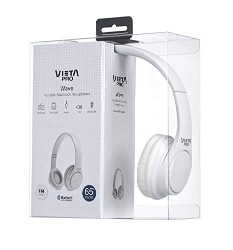 Vieta Pro Wave – Auriculares inalámbricos (Bluetooth, radio FM, micrófono integrado, entrada Auxiliar, reproductor Micro SD, plegables, autonomía 12 horas) blanco