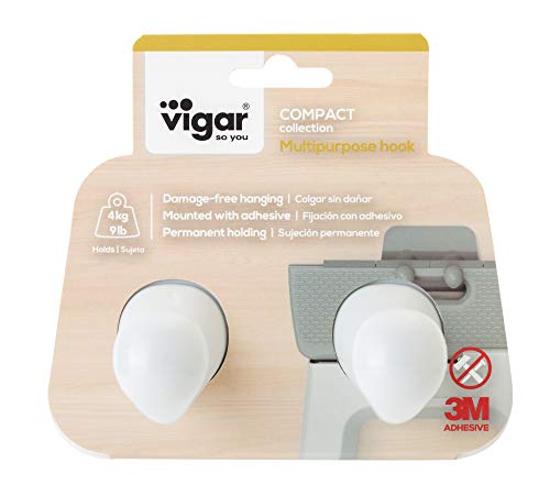 VIGAR Colgador Multiusos Doble Gancho Compact Gris Claro, Blanco, 11,6 x 7,5 x 7,5