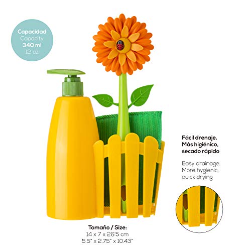 VIGAR Flower Power Set Fregadero con Dosificador de Jabón, Esponja y Cepillo Lavaplatos, Amarillo, Dimensiones: 14 x 7 x 26.5 cm