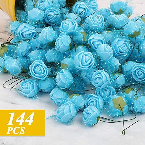VINFUTUR 144pcs 2.5cm-Mini Flores Rosas Artificiales Decorativas Jarrón Mesa Rosas Falsas Azules Espuma con Tallo y Borde de Gasa para Adornos Hogar Fiesta Manualidad DIY