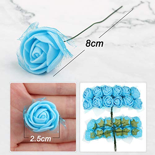 VINFUTUR 144pcs 2.5cm-Mini Flores Rosas Artificiales Decorativas Jarrón Mesa Rosas Falsas Azules Espuma con Tallo y Borde de Gasa para Adornos Hogar Fiesta Manualidad DIY