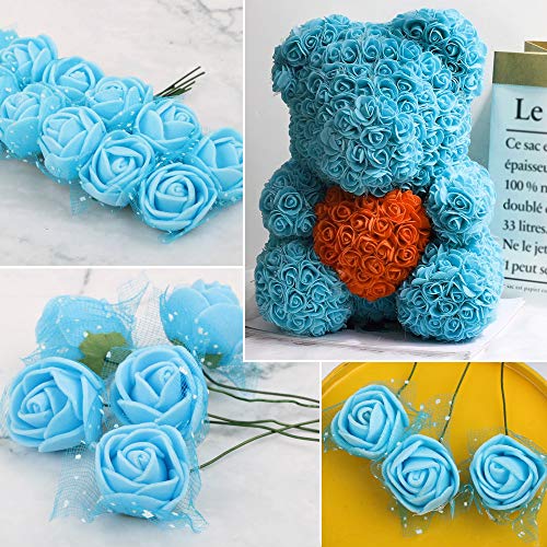 VINFUTUR 144pcs 2.5cm-Mini Flores Rosas Artificiales Decorativas Jarrón Mesa Rosas Falsas Azules Espuma con Tallo y Borde de Gasa para Adornos Hogar Fiesta Manualidad DIY