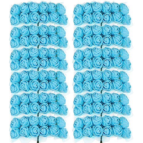 VINFUTUR 144pcs 2.5cm-Mini Flores Rosas Artificiales Decorativas Jarrón Mesa Rosas Falsas Azules Espuma con Tallo y Borde de Gasa para Adornos Hogar Fiesta Manualidad DIY