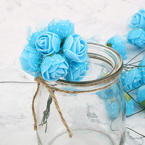 VINFUTUR 144pcs 2.5cm-Mini Flores Rosas Artificiales Decorativas Jarrón Mesa Rosas Falsas Azules Espuma con Tallo y Borde de Gasa para Adornos Hogar Fiesta Manualidad DIY
