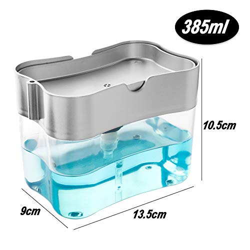 VINFUTUR Dispensador Jabón Cocina Plateado con Esponja, Dispensador Jabón 2 en 1 para Fregadero Bomba con Soporte Estropajo para Loción Líquido Utensilios Cocina