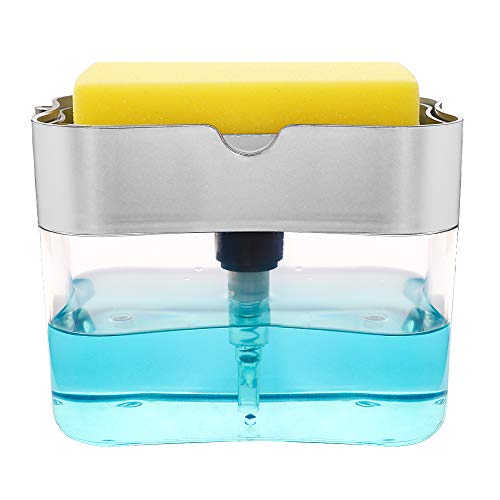 VINFUTUR Dispensador Jabón Cocina Plateado con Esponja, Dispensador Jabón 2 en 1 para Fregadero Bomba con Soporte Estropajo para Loción Líquido Utensilios Cocina