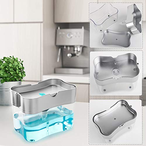VINFUTUR Dispensador Jabón Cocina Plateado con Esponja, Dispensador Jabón 2 en 1 para Fregadero Bomba con Soporte Estropajo para Loción Líquido Utensilios Cocina