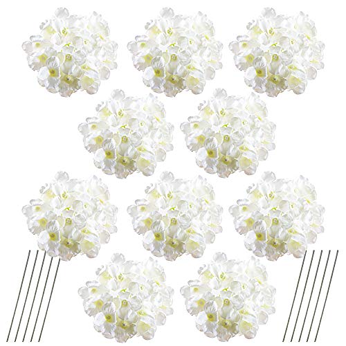 VINFUTUR Flores Artificiales Hortensia Blanca de Seda, 10pcs Ramos de Flores Artificiales Decorativas de Jarrón Mesa+10pcs Tallos Verdes Flores Falsas para Hogar Fiesta Boda Manualidad DIY