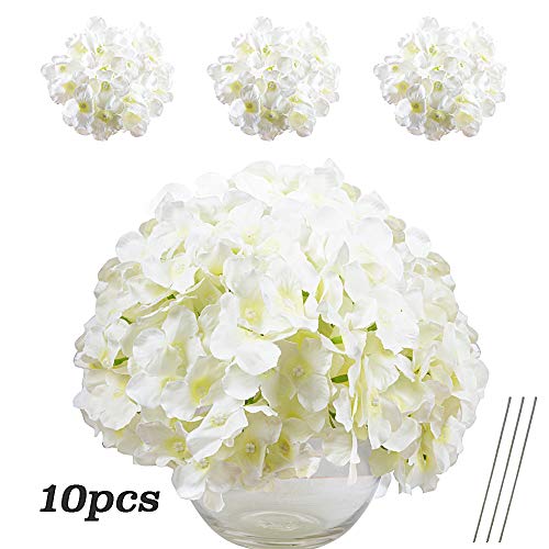 VINFUTUR Flores Artificiales Hortensia Blanca de Seda, 10pcs Ramos de Flores Artificiales Decorativas de Jarrón Mesa+10pcs Tallos Verdes Flores Falsas para Hogar Fiesta Boda Manualidad DIY