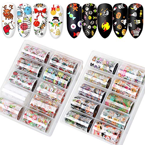 VINFUTUR Nail Art Foil, 20 Rollos Pegatinas Uñas Decorativas Halloween y Navidad Nail Art Transfer Foil Nail Stickers Láminas para Manicuras Diseños DIY Uñas