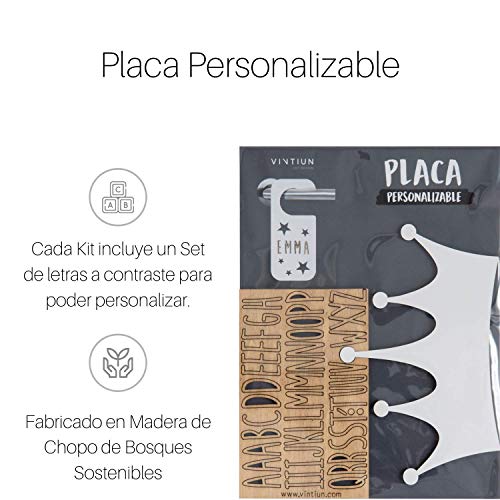 VINTIUN Nombre para Puerta Habitación Infantil. Placa Decorativa Personalizada para Bebé, Niño o Niña. Regalo Original para niños o Bebes. (Blanco, Adhesivo Corona)