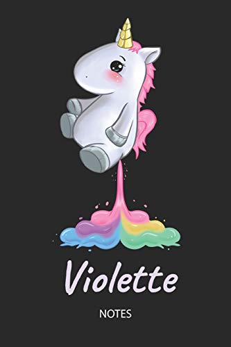Violette - Notes: Noms Personnalisé Carnet de notes / Journal pour les filles et les femmes. Kawaii Licorne pétant arc-en-ciel. Accessoires de licorne ... cadeau original anniversaire femme.