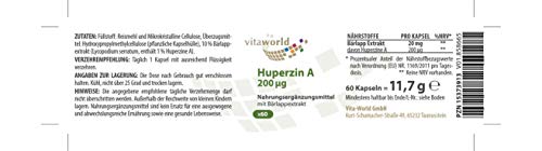 Vita World Huperzin A 200 µg 60 Cápsulas vegetales Made in Germany