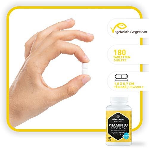 Vitamaze® Vitamina D3 14.000 UI Altamente Concentrada (Dosis de 14 Días), 180 Comprimidos Vegetariano, Vitamin D Pura Suplemento sin Aditivos Innecesarios, Calidad Alemana