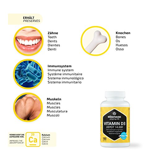 Vitamaze® Vitamina D3 14.000 UI Altamente Concentrada (Dosis de 14 Días), 180 Comprimidos Vegetariano, Vitamin D Pura Suplemento sin Aditivos Innecesarios, Calidad Alemana