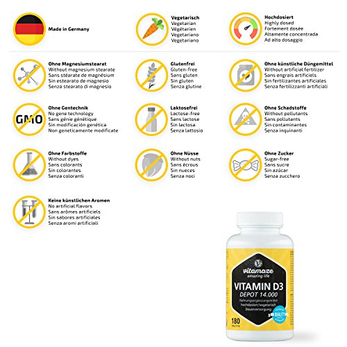Vitamaze® Vitamina D3 14.000 UI Altamente Concentrada (Dosis de 14 Días), 180 Comprimidos Vegetariano, Vitamin D Pura Suplemento sin Aditivos Innecesarios, Calidad Alemana