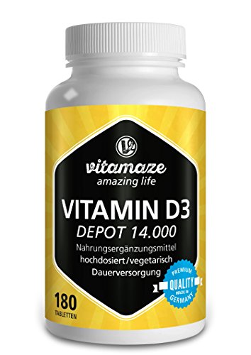Vitamaze® Vitamina D3 14.000 UI Altamente Concentrada (Dosis de 14 Días), 180 Comprimidos Vegetariano, Vitamin D Pura Suplemento sin Aditivos Innecesarios, Calidad Alemana