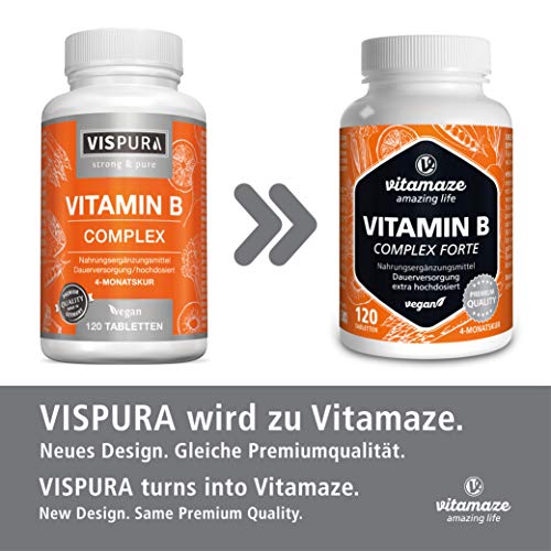 Vitamina B Complex, altamente concentrada, 120 comprimidos veganos, todas las vitaminas B sin estearato de magnesio, con calidad alemana premium