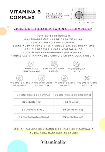 Vitamina B Complex de Vitaminalia | Suministro para 6 Meses | Todas las Vitaminas del Grupo B: B1 B2 B3 B5 B6 Biotina B9 B12 B10 (PABA) | Vegano, Sin OGM, Sin Gluten, Sin Lactosa | 180 Tabletas