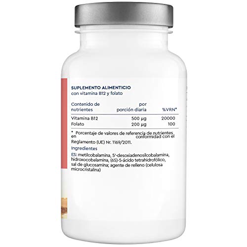 Vitamina B12 Complex Vegana - 1000mcg por Tableta - Suministro para 14 Meses - Metilcobalamina, Hidroxocobalamina y Adenosilcobalamina+Ácido fólico - Reducción Cansancio/Formación Glóbulos Rojos