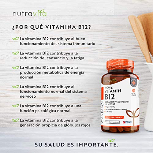 Vitamina B12 Vegana 1000mcg Alta Potencia - 365 Comprimidos Vegana (Suministro de 12 Meses) - Contribuye a la Reducción del Cansancio y la Fatiga - Hecho en el Reino Unido por Nutravita