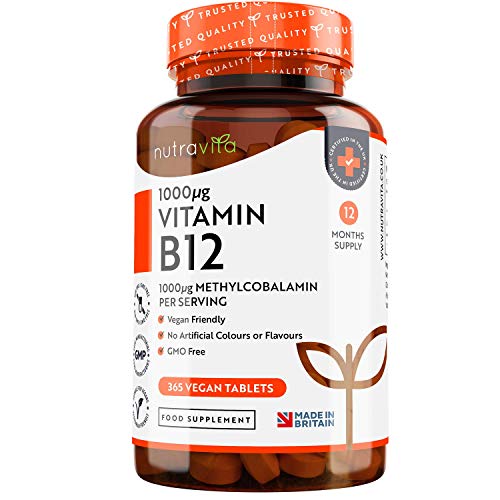 Vitamina B12 Vegana 1000mcg Alta Potencia - 365 Comprimidos Vegana (Suministro de 12 Meses) - Contribuye a la Reducción del Cansancio y la Fatiga - Hecho en el Reino Unido por Nutravita