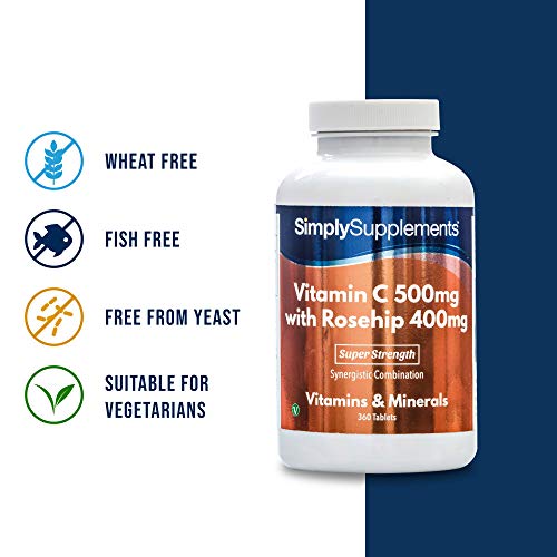 Vitamina C 500mg | Rosa Mosqueta 400mg - ¡Bote para 1 año! - Apto para veganos - 360 Comprimidos - SimplySupplements