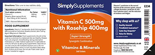 Vitamina C 500mg | Rosa Mosqueta 400mg - ¡Bote para 1 año! - Apto para veganos - 360 Comprimidos - SimplySupplements