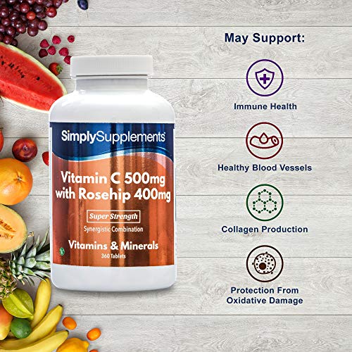 Vitamina C 500mg | Rosa Mosqueta 400mg - ¡Bote para 1 año! - Apto para veganos - 360 Comprimidos - SimplySupplements