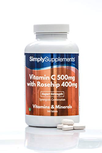 Vitamina C 500mg | Rosa Mosqueta 400mg - ¡Bote para 1 año! - Apto para veganos - 360 Comprimidos - SimplySupplements