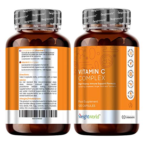 Vitamina C Complex - Dosis Alta de Vitamina C, Zinc y Hierro, Aumenta la Energía, Disminuye el Cansancio, Con Vitamina B12 y Cúrcuma, Suplemento Vitamínico y Mineral Natural, 120 Cápsulas Veganas