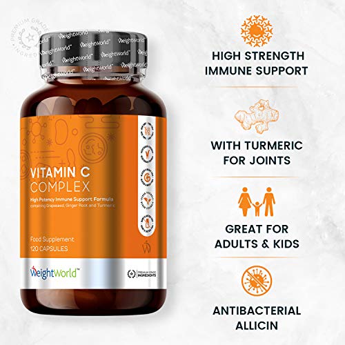 Vitamina C Complex - Dosis Alta de Vitamina C, Zinc y Hierro, Aumenta la Energía, Disminuye el Cansancio, Con Vitamina B12 y Cúrcuma, Suplemento Vitamínico y Mineral Natural, 120 Cápsulas Veganas