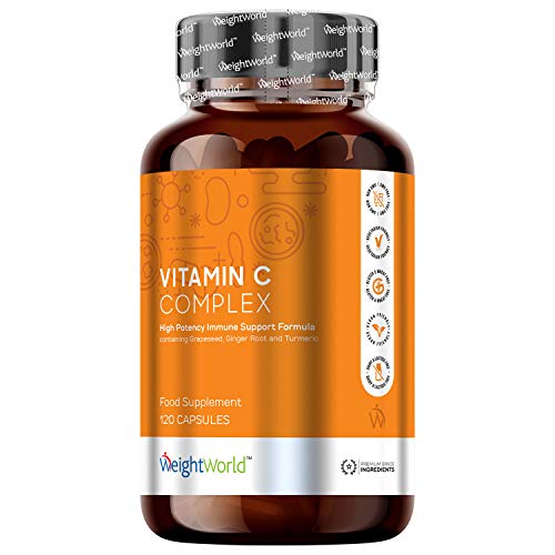 Vitamina C Complex - Dosis Alta de Vitamina C, Zinc y Hierro, Aumenta la Energía, Disminuye el Cansancio, Con Vitamina B12 y Cúrcuma, Suplemento Vitamínico y Mineral Natural, 120 Cápsulas Veganas