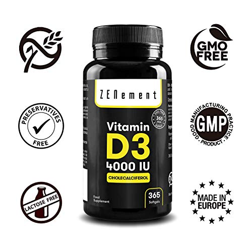 Vitamina D3 4000 UI, 365 Perlas | Vitamina D Natural (Colecalciferol) | con Aceite de Oliva | 1 Año de suministro | Huesos, músculos y sistema inmunológico | Sin Gluten, Sin Aditivos | de Zenement