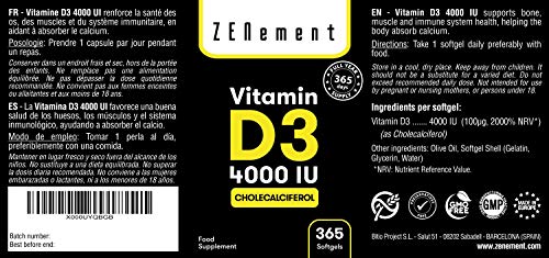 Vitamina D3 4000 UI, 365 Perlas | Vitamina D Natural (Colecalciferol) | con Aceite de Oliva | 1 Año de suministro | Huesos, músculos y sistema inmunológico | Sin Gluten, Sin Aditivos | de Zenement