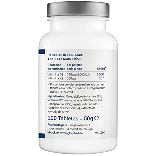 Vitamina D3 5.000 UI + Vitamina K2 MK-7 200 µg - 200 Tabletas - Premium: Vitamina K2 de 99,7+% All Trans MK7 (K2VITAL® de Kappa)