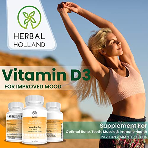 Vitamina D3 Herbal Holland: complemento de vitamina D 1000 UI para reforzar huesos, dientes, músculos y salud. La pura vitamina de sol D3 para mejorar tu ánimo: 120 cápsulas veganas.