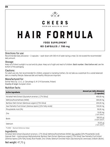 Vitaminas para el Crecimiento del Cabello - Tabletas contra la caída del Cabello - Suplemento para la regeneración del Cabello para engrosar el cabello - 60 cápsulas Veganas