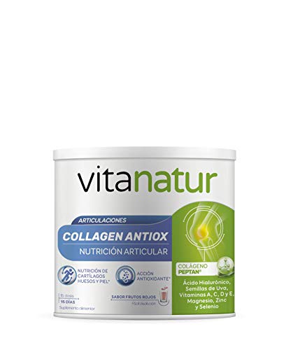 VITANATUR COLLAGEN ANTIOX 180g - Complemento alimenticio a base de colágeno Peptan, ácido hialurónico, Regenerador y antioxidante, Formato en polvos sabor frutos rojos, Incluye dosificador