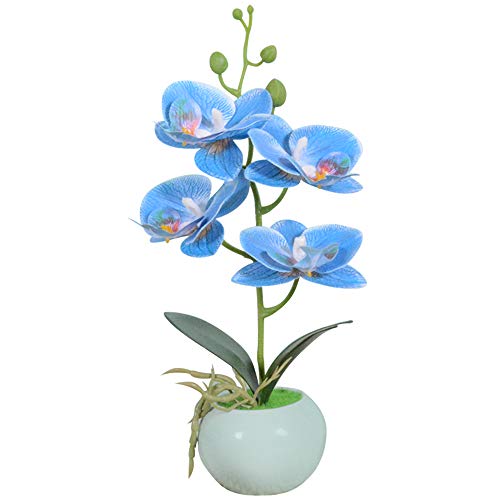 VIVILINEN Mini Flores Artificiales Plásticos Flor de Phalaenopsis realistas Orquídea Mariposa con Maceta Imitación Cerámica Decoración Cálida para Hogar Dormitorio y Oficina (Azul)