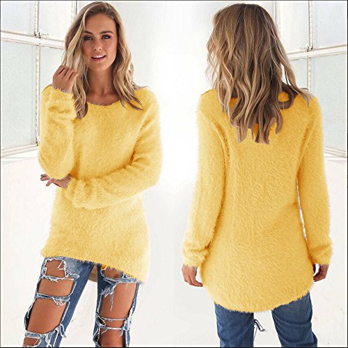 VJGOAL Mujer Otoño e Invierno Moda Casual Color sólido Manga Larga Suave y cómodo Felpa Cuello Redondo Jerseys Jumper Blusa(x-Large,Amarillo)