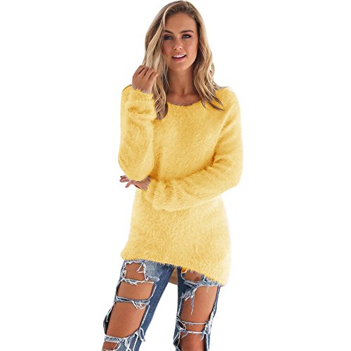 VJGOAL Mujer Otoño e Invierno Moda Casual Color sólido Manga Larga Suave y cómodo Felpa Cuello Redondo Jerseys Jumper Blusa(x-Large,Amarillo)
