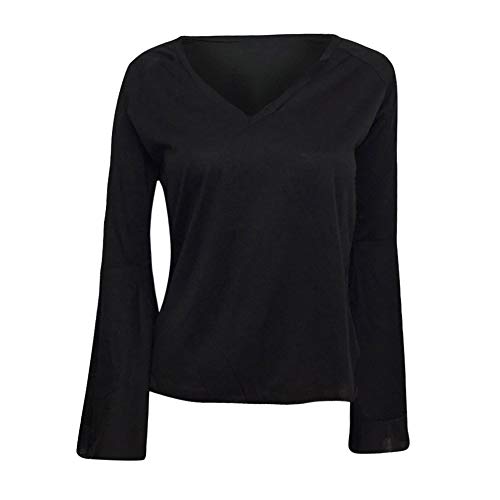 VJGOAL Mujer Otoño e Invierno Moda Casual Color sólido Sexy Escote en V Manga Larga Manga angosta Tops Camisa Blusa(Small,Negro)